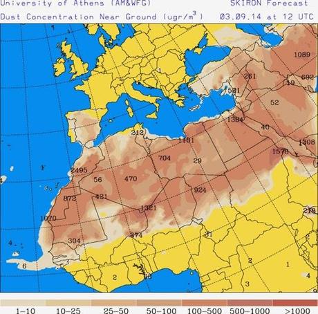 España: Previsión de intrusión de polvo africano 3 de septiembre de 2014