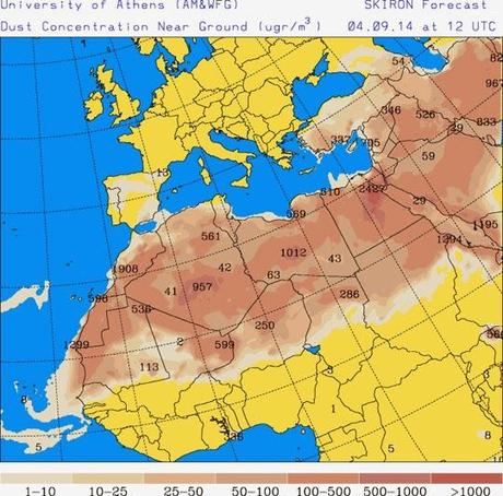 España: Previsión de intrusión de polvo africano 4 de septiembre de 2014