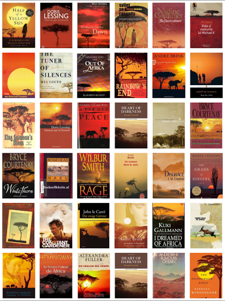 Collage de 36 portadas de libros de África. Por: Simon Stevens