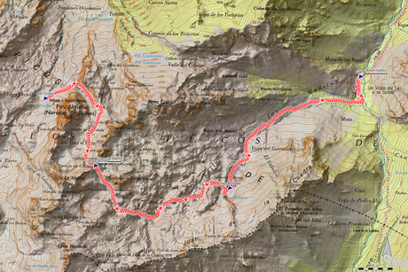 Mapa de la ruta Urriellu, Collada Bonita, Moñetas, Vegas del Toro