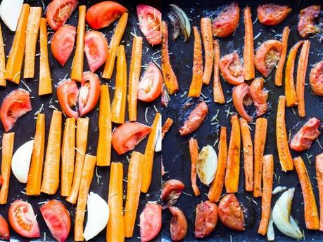 SOPA DE TOMATES Y ZANAHORIAS ASADAS Y TARTELETAS DE HINOJO Y COCO SIN GLUTEN
