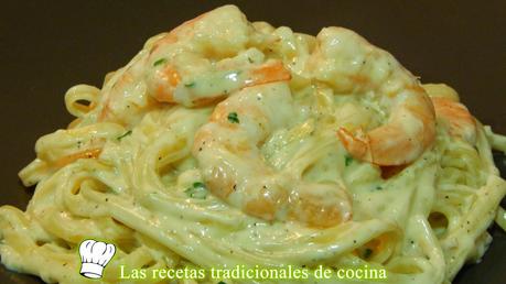 tallarines con langostinos a la crema