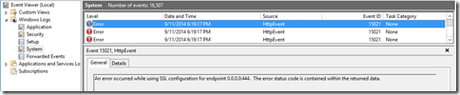 An error occurred while using SSL configuration for endpoint 0.0.0.0:444. The error status code is contained within the returned data