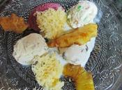 Surtido helados, piña caramelizada bizcocho esponja