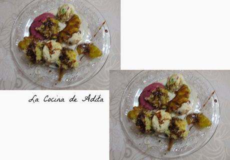 SURTIDO DE HELADOS, CON PIÑA CARAMELIZADA Y BIZCOCHO ESPONJA