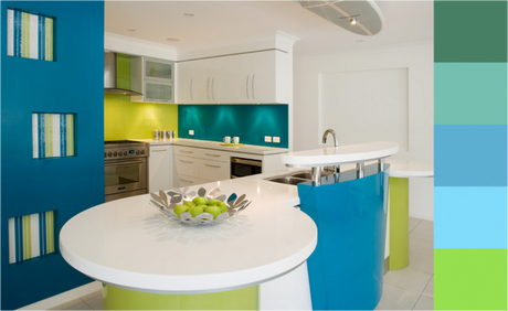 cocina decoradas en blanco, azul turquesa y verde limón