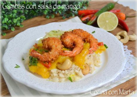 Receta de gambas o langostinos en salsa de mango, y arroz con leche de coco. Fácil, rápida y casera. Shrimp with Mango Sauce