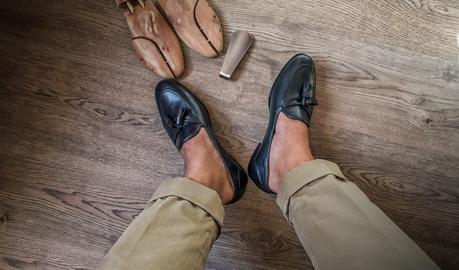 Review mocasines Tassel con cosido Blake en calf azul de Asthon & Allen.