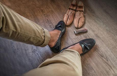 Review mocasines Tassel con cosido Blake en calf azul de Asthon & Allen.