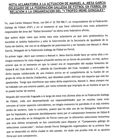 El ex vicepresidente de la F.G.F. J. Carlos Vázquez defiende al Delegado en Ferrol de las acusaciones de presunto sexismo