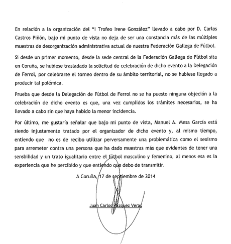 El ex vicepresidente de la F.G.F. J. Carlos Vázquez defiende al Delegado en Ferrol de las acusaciones de presunto sexismo