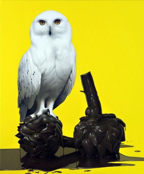 Eckart Hahn, Búho y Alcachofa, 2010, acrílico sobre lienzo, 160 x 50 cm. Cortesía del artista