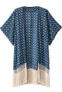 Navy Short Sleeve Floral Tassel Loose Kimono