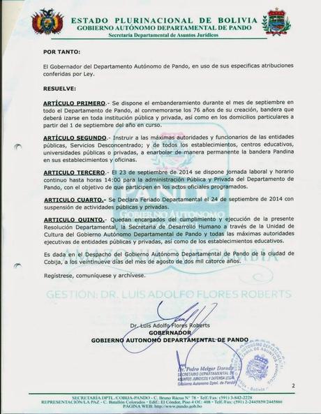 [Por efemérides]: Gobierno Departamental de Pando declaró feriado departamental con suspensión de actividades