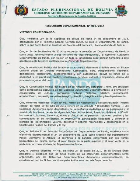 [Por efemérides]: Gobierno Departamental de Pando declaró feriado departamental con suspensión de actividades