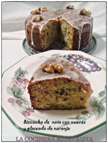 Bizcocho de nata con nueces y glaseado de naranja