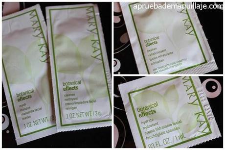 Muestras de la crema limpiadora, crema hidratante, locion refrescante y mascarilla facial del set Botanical Effects de Mary Kay