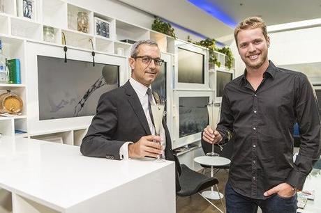 Sam Branson and Francois Thibault raise a GG Le Fizz to celebrate the new pioneering partnership and a shared belief to fly beyond behind the scenes at GREY GOOSE Virgin Galactic Partnership launch film