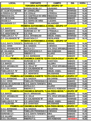 Horarios fútbol en Ourense (4 y 5 de Octubre 2014)