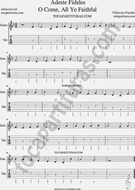 Tubepartitura Adestes Fideles Tablatura de Guitarra Villancico de Navidad