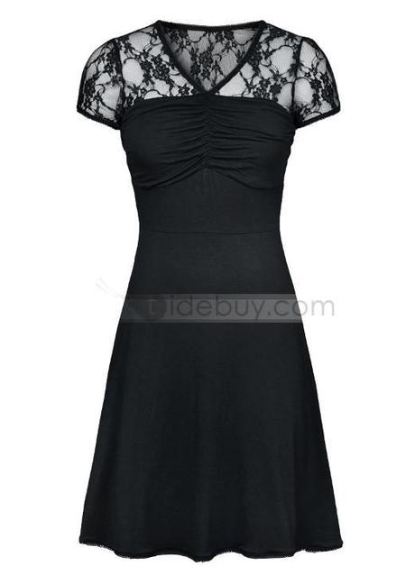 Beautiful Black Lace V-Neck Short Sleeve Long Day Dress 