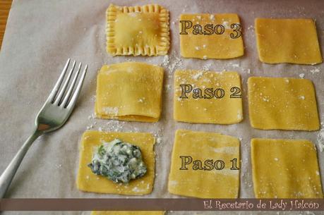 Pasta fresca: Raviolis rellenos de espinacas y crème fraîche con gambas al ajillo