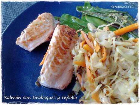 Salmón con tirabeques y repollo
