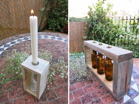 Diy candelabros o floreros con botellas y madera de palet5
