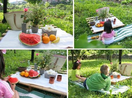 Merendando en la mesa del picnic del huerto con un palet y los diy floreros de cemento1