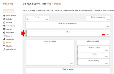 como crear un menu en blogger, editar gadget