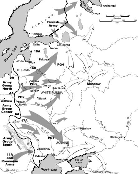 Mapa de operaciones de la Operación Barbarroja. Fuente y autoría: Wailer [dominio público por el autor], vía Wikimedia.