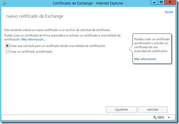 Nueva solicitud de certificado en Exchange 2013