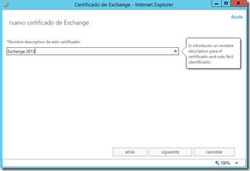 nuevo certificado para Exchange 2013