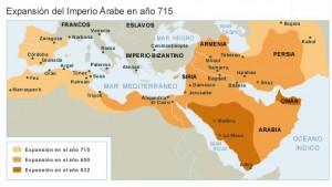 El Imperio Árabe en su máximo esplendor bajo el califato omeya. Fuente: Proyecto Kairos, Ministerio de Educación.