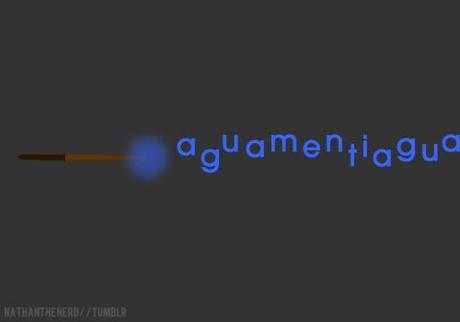 The Standard Book of SpellsAguamentiAH•GWUH•MEN•TEEThe Aguamenti Charm allows the user to produce a jet of water from the end of the wand. The water produced is cold, but can be altered to the caster’s preference. This charm is not to be confused with the Refilling Charm.