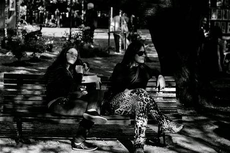 Dos  mujeres a la sombra en un banco del parque
