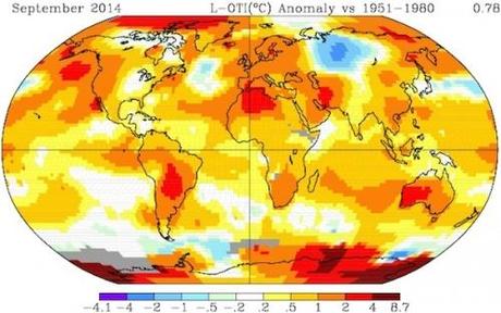 Anomalías de temperatura (en grados centígrados) de diferentes regiones de todo el mundo en septiembre de 2014. Haga clic en la imagen para agrandarla.  Crédito:  NASA
