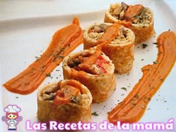 Receta de Rollitos de revuelto de setas y champiñones con salsa de tomate