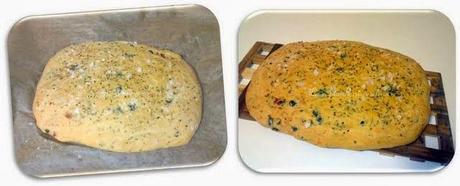 Focaccia italiana de tomatitos en aceite y aceitunas negras