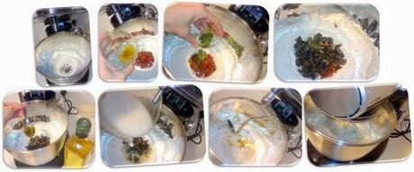 Focaccia italiana de tomatitos en aceite y aceitunas negras