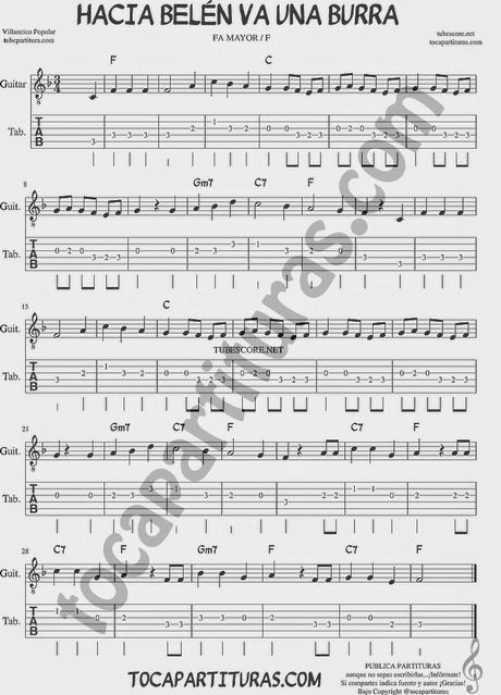 Tablatura del Villancico Hacia Belén Va una Burra Punteo para guitarra en Fa Mayor / F Major Tabs Sheet Music