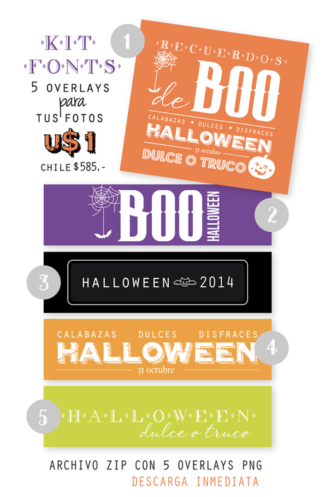 KIT FONTS CON 5 OVERLAYS PARA HALLOWEEN. LLÉVATELAS POR 1 DOLAR. SON DE DESCARGA INMEDIATA EN MI TIENDA ETSY. DECORA TUS FOTOS Y AGREGA ESTILO A TUS RECUERDOS DE HALLOWEEN.