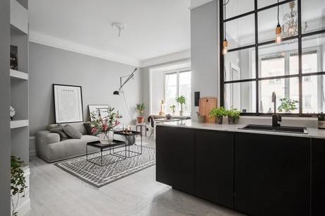 Piso pequeño con paredes grises pisos pequeños distribución Piso pequeño con paredes grises paredes grises estilo nórdico estilo nórdico escandinavo diseño interiores pequeños decoración mini pisos decoración espacios pequeños decoración en gris y negro blog decoracion interiores