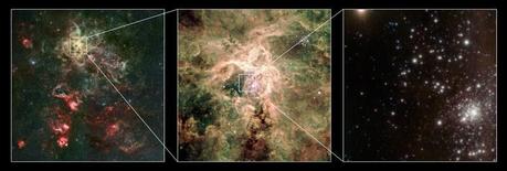 El joven cúmulo RMC 136a, comúnmente llamado R136. Crédito: ESO/P. Crowther/C.J. Evans.