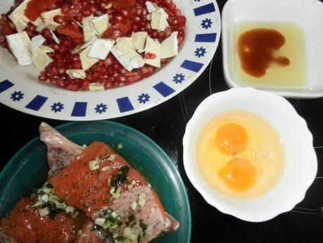 salmón, cocina, receta, granada, vinagre de frambuesa, majado, 