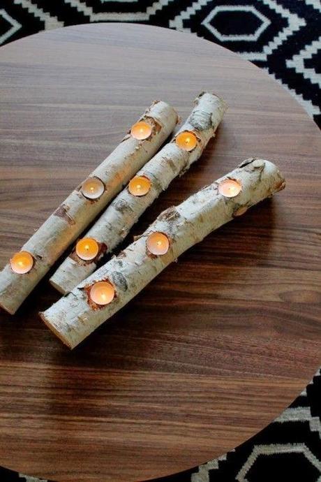 soporte para velas de té realizado con un tronco