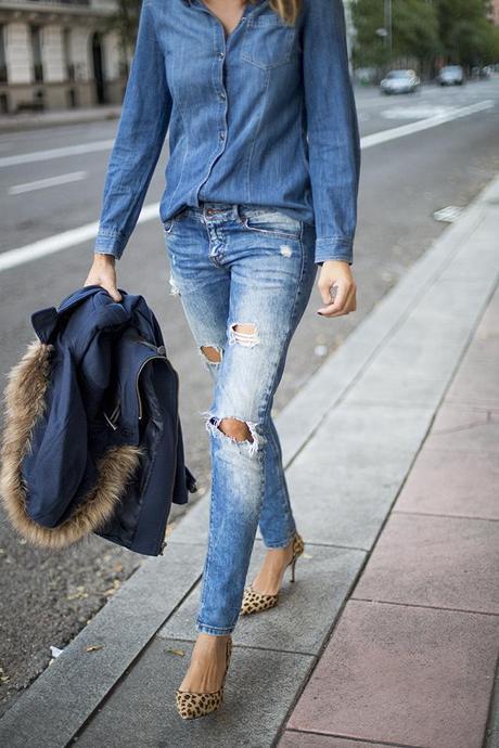 OUTFITS, denim, double denim, total denim, parka, navy coat atyle, leo print shoes, customs and chic, meassure, suiteblanco, zara, madrid, guiadeestilo, cristina blanco, fashion, love, happy, me, like, loveit, 