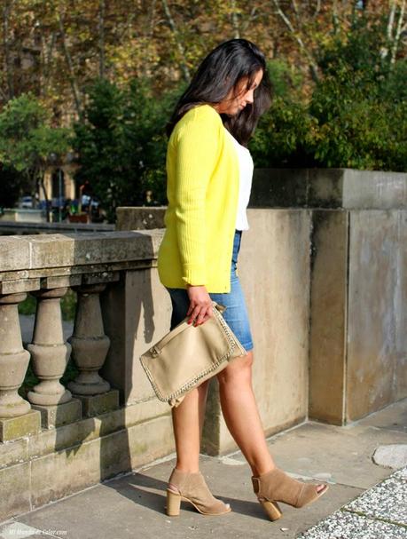yellow cardigan, jean skirt pencil, leather heels 