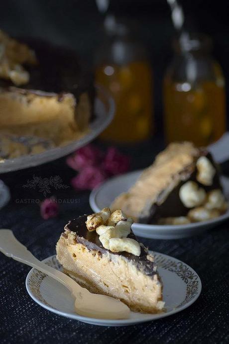 cheesecake de boniato y palomitas de caramelo con chocolate
