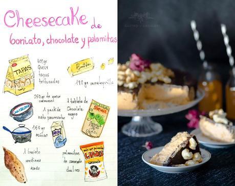 Cheesecake de boniato con chocolate negro y palomitas dulces